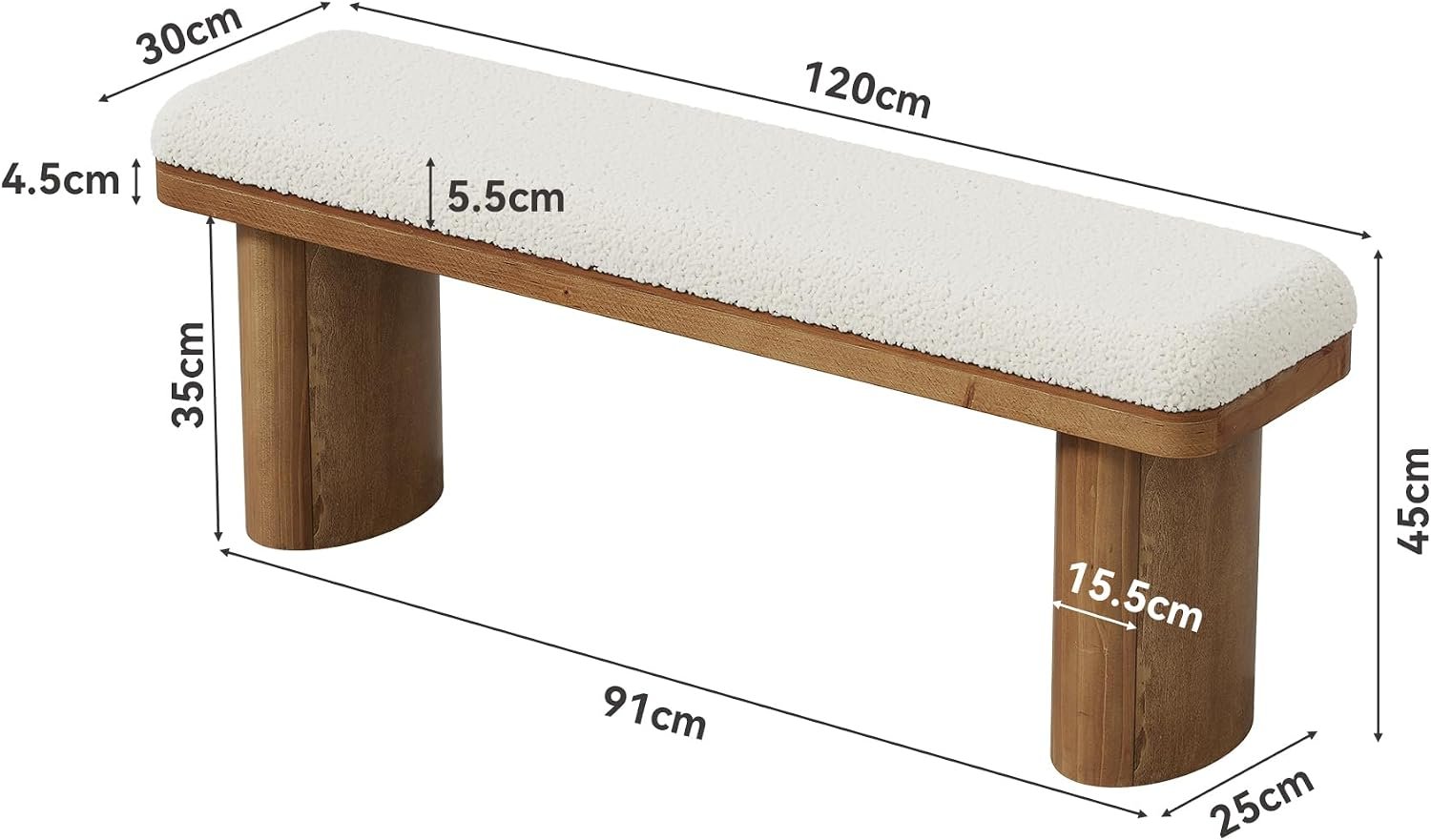 Tribesigns Banco zapatero de 120 cm de madera maciza, Tapizado en tela con cojín blanco de bucle