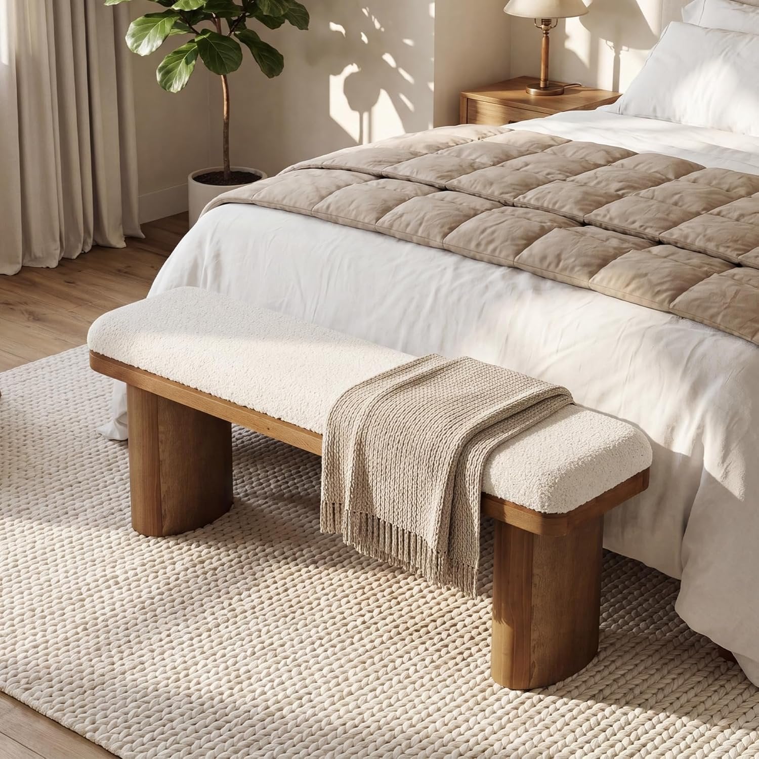 Tribesigns Banco zapatero de 120 cm de madera maciza, Tapizado en tela con cojín blanco de bucle