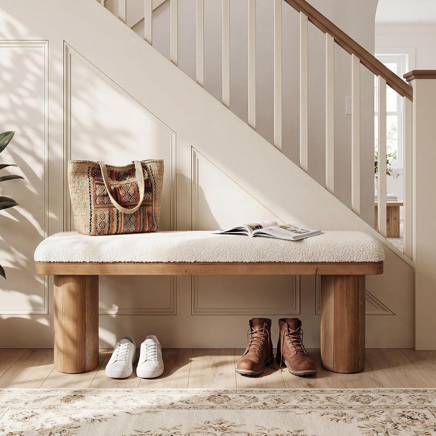 Tribesigns Banco zapatero de 120 cm de madera maciza, Tapizado en tela con cojín blanco de bucle