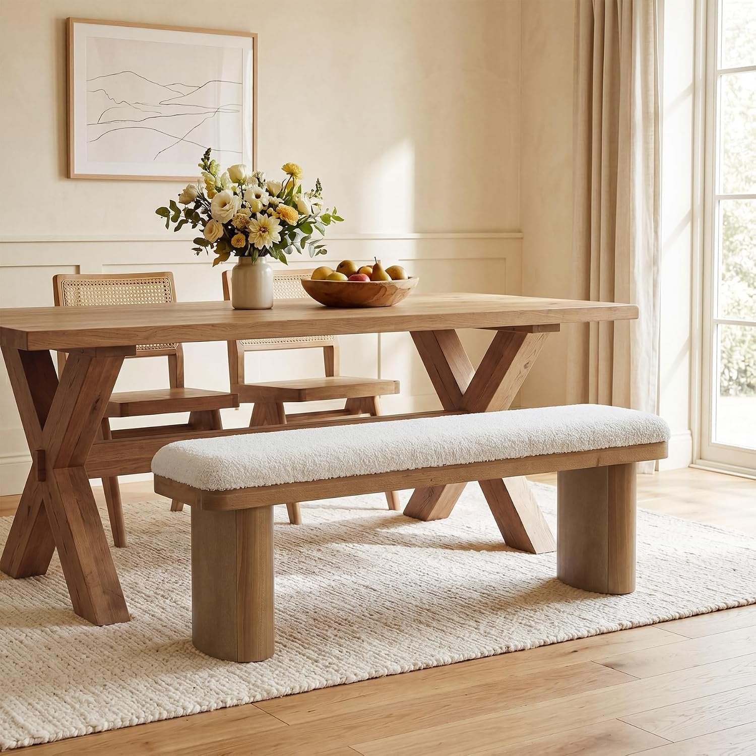 Tribesigns Banco zapatero de 120 cm de madera maciza, Tapizado en tela con cojín blanco de bucle