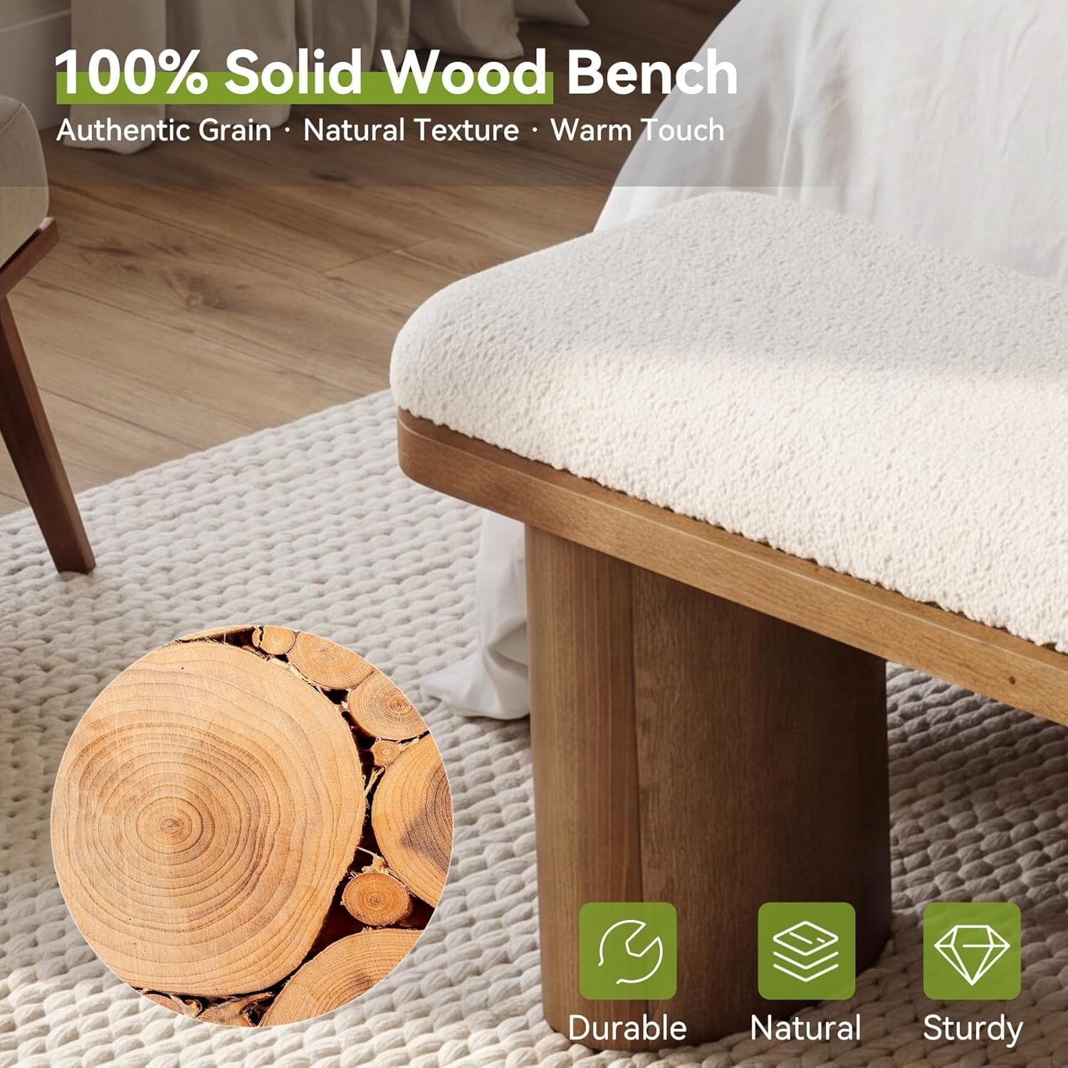 Tribesigns Banco zapatero de 120 cm de madera maciza, Tapizado en tela con cojín blanco de bucle