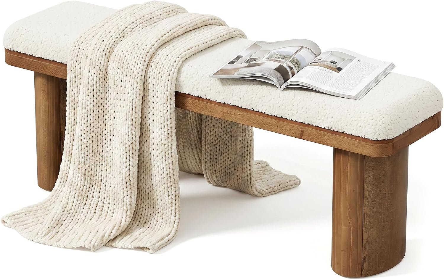 Tribesigns Banco zapatero de 120 cm de madera maciza, Tapizado en tela con cojín blanco de bucle
