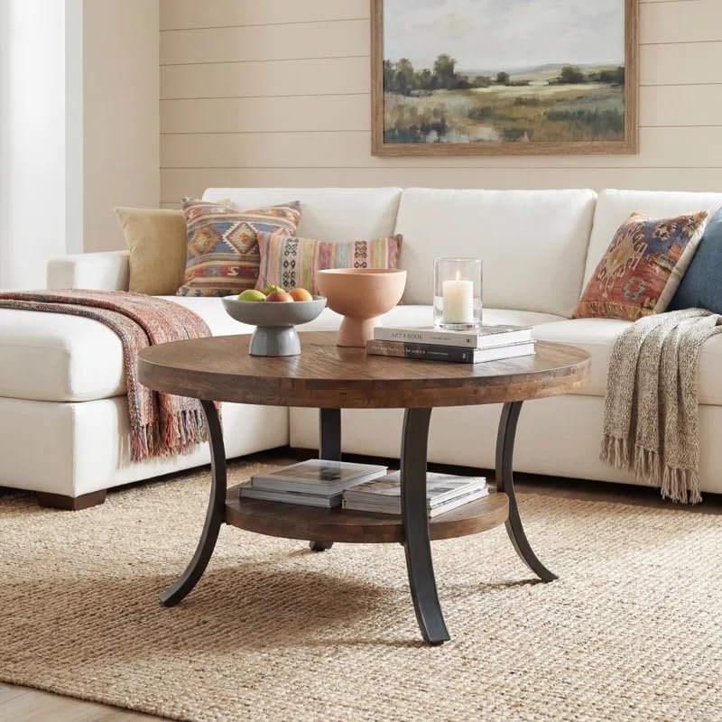 Mesa de centro redonda de madera maciza de 80 cm con compartimento de almacenamiento, Mesa de centro de estilo rústico para el salón