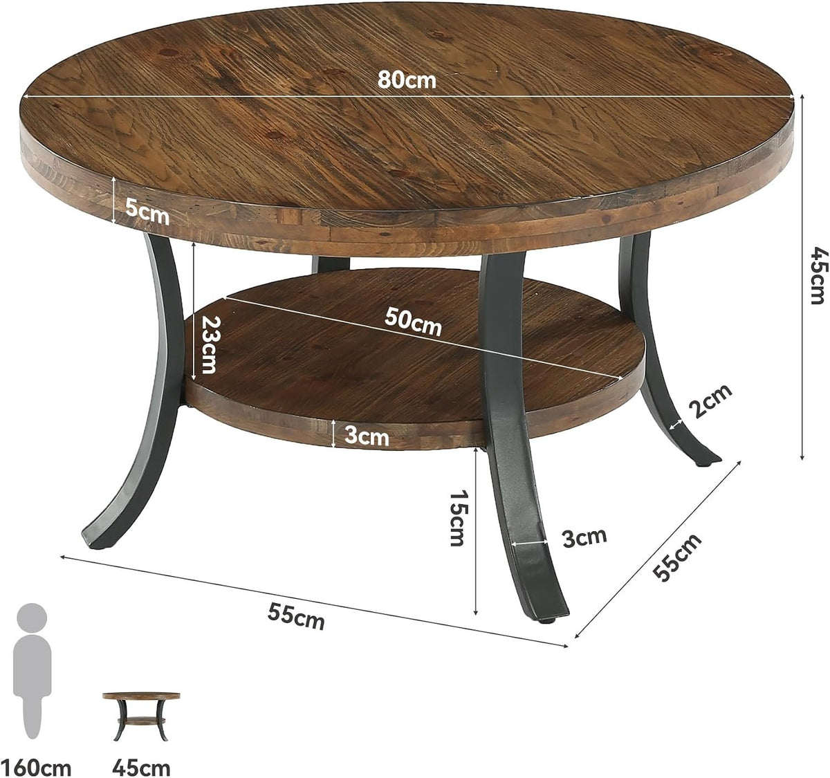 Mesa de centro redonda de madera maciza de 80 cm con compartimento de almacenamiento, Mesa de centro de estilo rústico para el salón