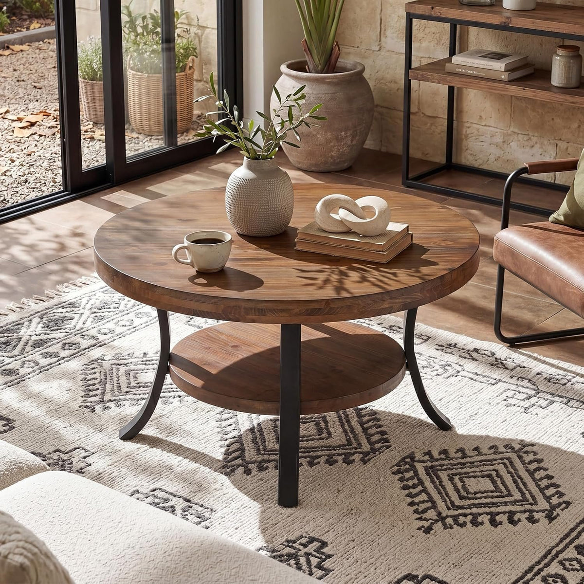 Mesa de centro redonda de madera maciza de 80 cm con compartimento de almacenamiento, Mesa de centro de estilo rústico para el salón