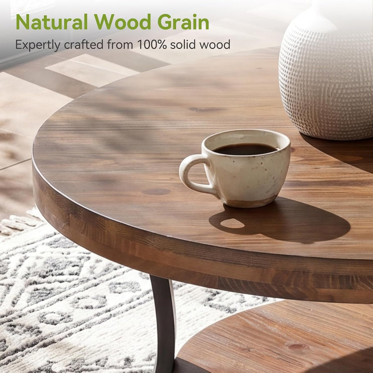 Mesa de centro redonda de madera maciza de 80 cm con compartimento de almacenamiento, Mesa de centro de estilo rústico para el salón