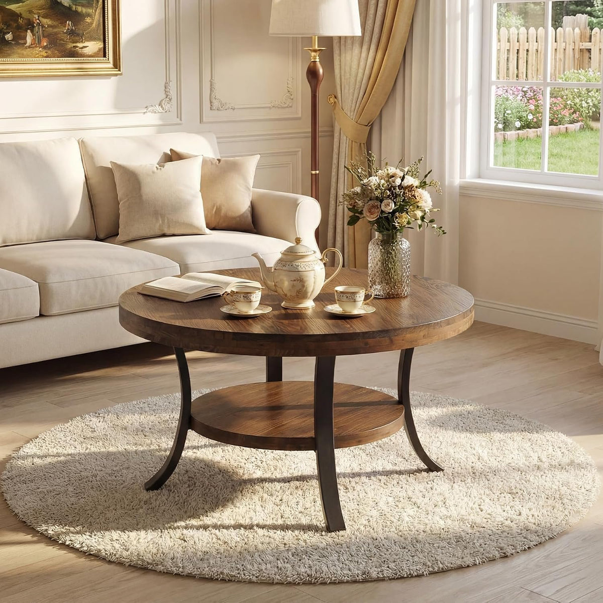 Mesa de centro redonda de madera maciza de 80 cm con compartimento de almacenamiento, Mesa de centro de estilo rústico para el salón