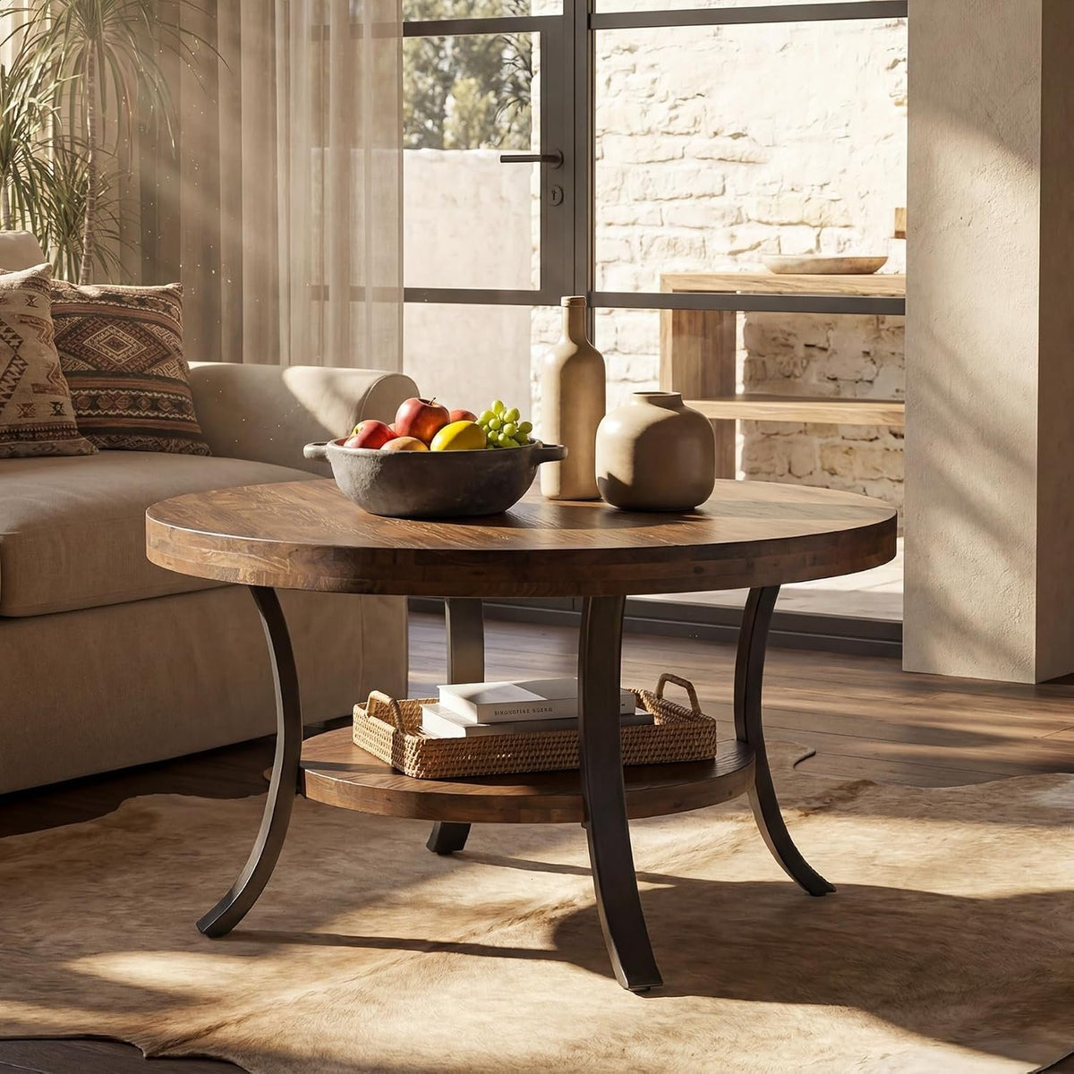 Mesa de centro redonda de madera maciza de 80 cm con compartimento de almacenamiento, Mesa de centro de estilo rústico para el salón