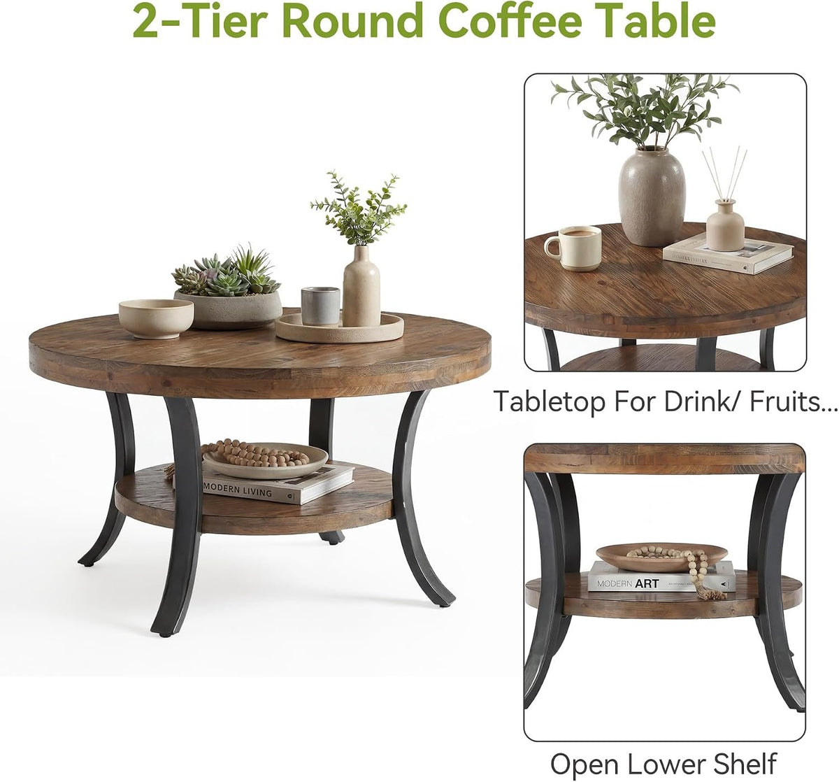 Mesa de centro redonda de madera maciza de 80 cm con compartimento de almacenamiento, Mesa de centro de estilo rústico para el salón