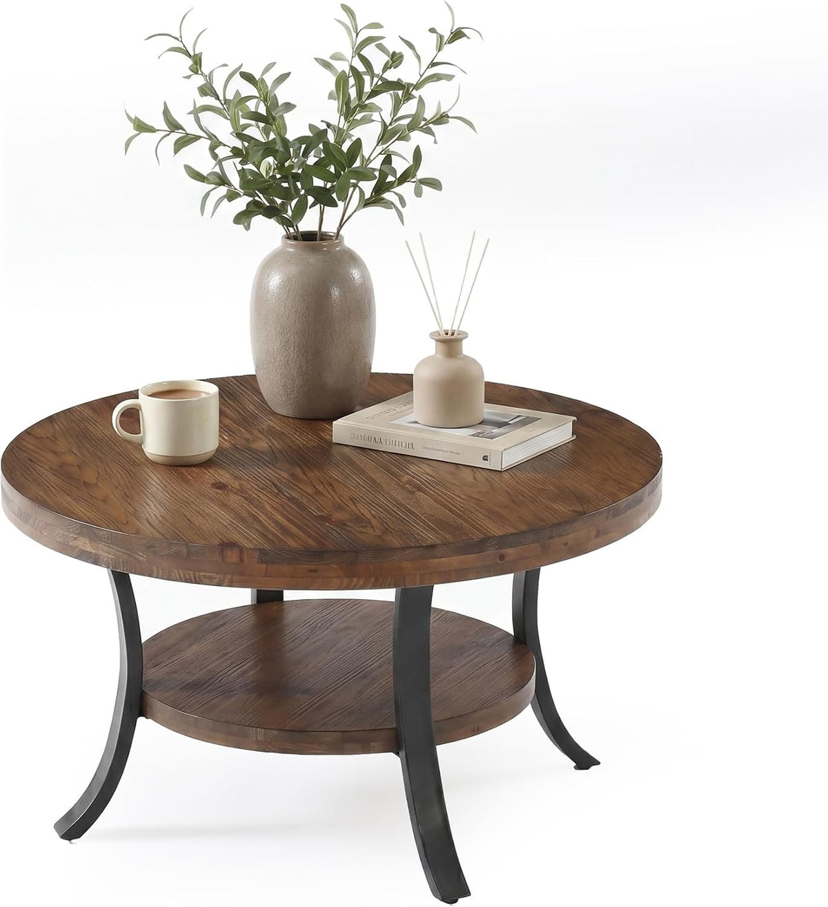 Mesa de centro redonda de madera maciza de 80 cm con compartimento de almacenamiento, Mesa de centro de estilo rústico para el salón