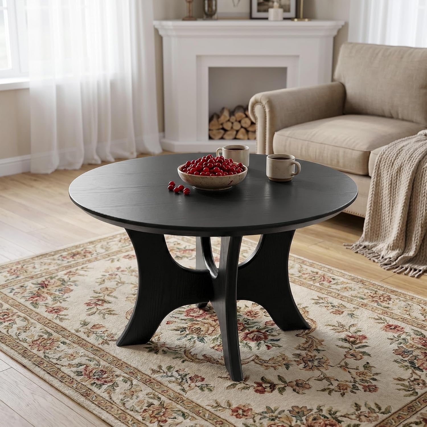 Mesa de centro redonda de 80 cm, Mesa auxiliar de diseño moderno de mediados de siglo para sala de estar, tablero con acabado de vetas de madera y estable, color negro
