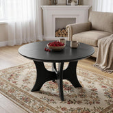 Mesa de centro redonda de 80 cm, Mesa auxiliar de diseño moderno de mediados de siglo para sala de estar, tablero con acabado de vetas de madera y estable, color negro 3