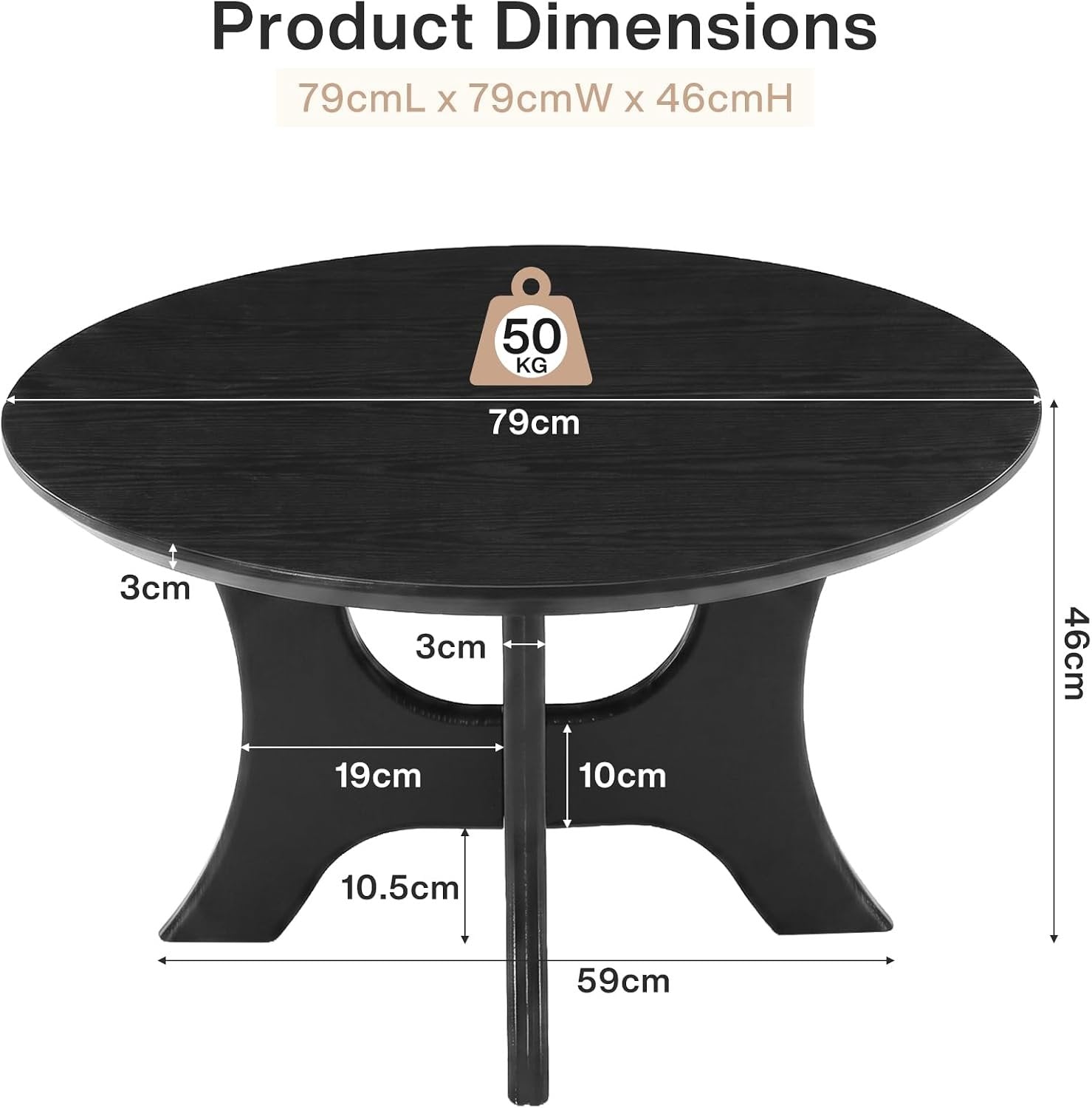 Mesa de centro redonda de 80 cm, Mesa auxiliar de diseño moderno de mediados de siglo para sala de estar, tablero con acabado de vetas de madera y estable, color negro