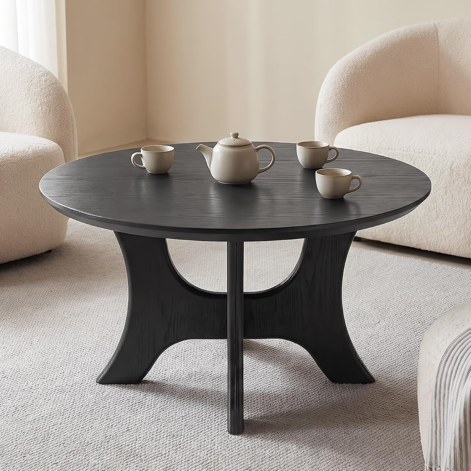 Mesa de centro redonda de 80 cm, Mesa auxiliar de diseño moderno de mediados de siglo para sala de estar, tablero con acabado de vetas de madera y estable, color negro