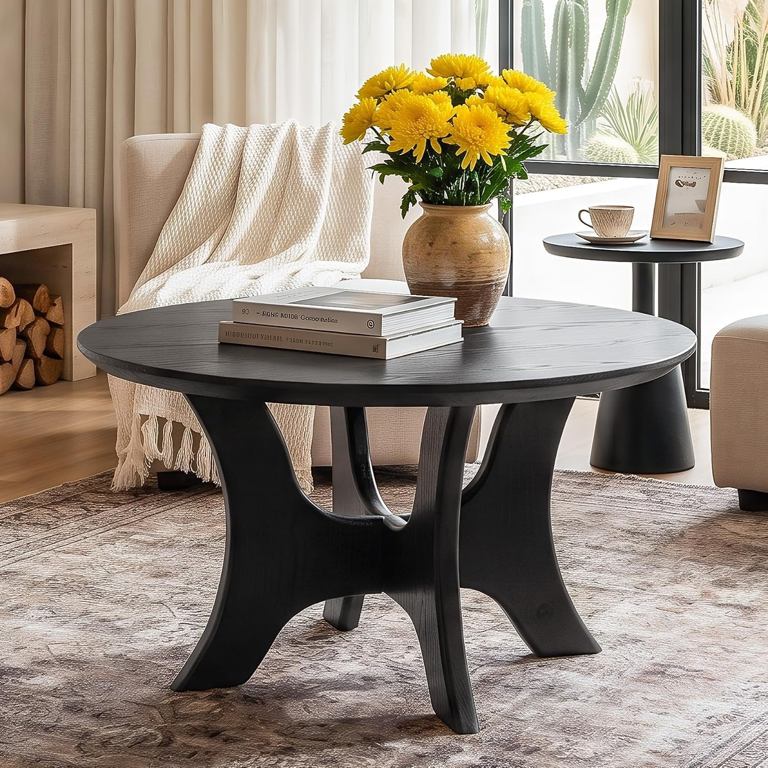 Mesa de centro redonda de 80 cm, Mesa auxiliar de diseño moderno de mediados de siglo para sala de estar, tablero con acabado de vetas de madera y estable, color negro