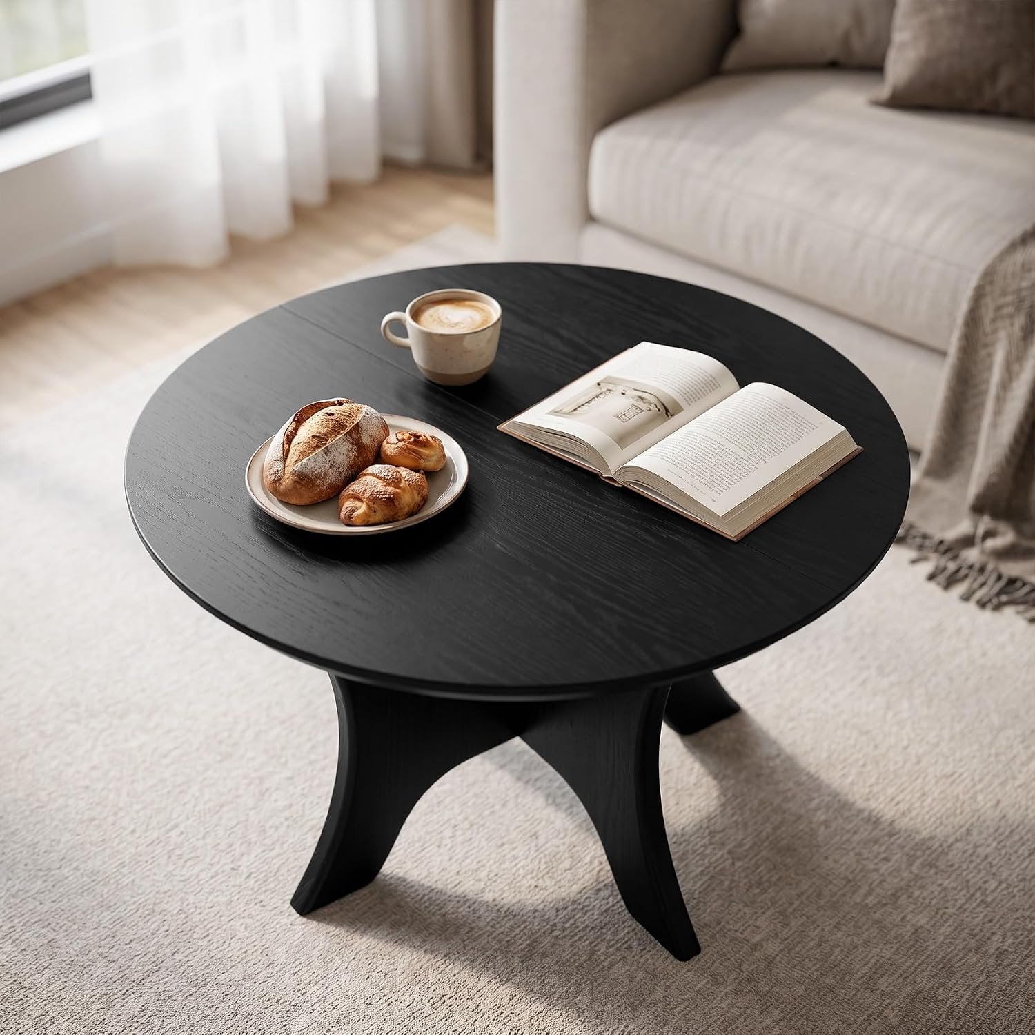 Mesa de centro redonda de 80 cm, Mesa auxiliar de diseño moderno de mediados de siglo para sala de estar, tablero con acabado de vetas de madera y estable, color negro