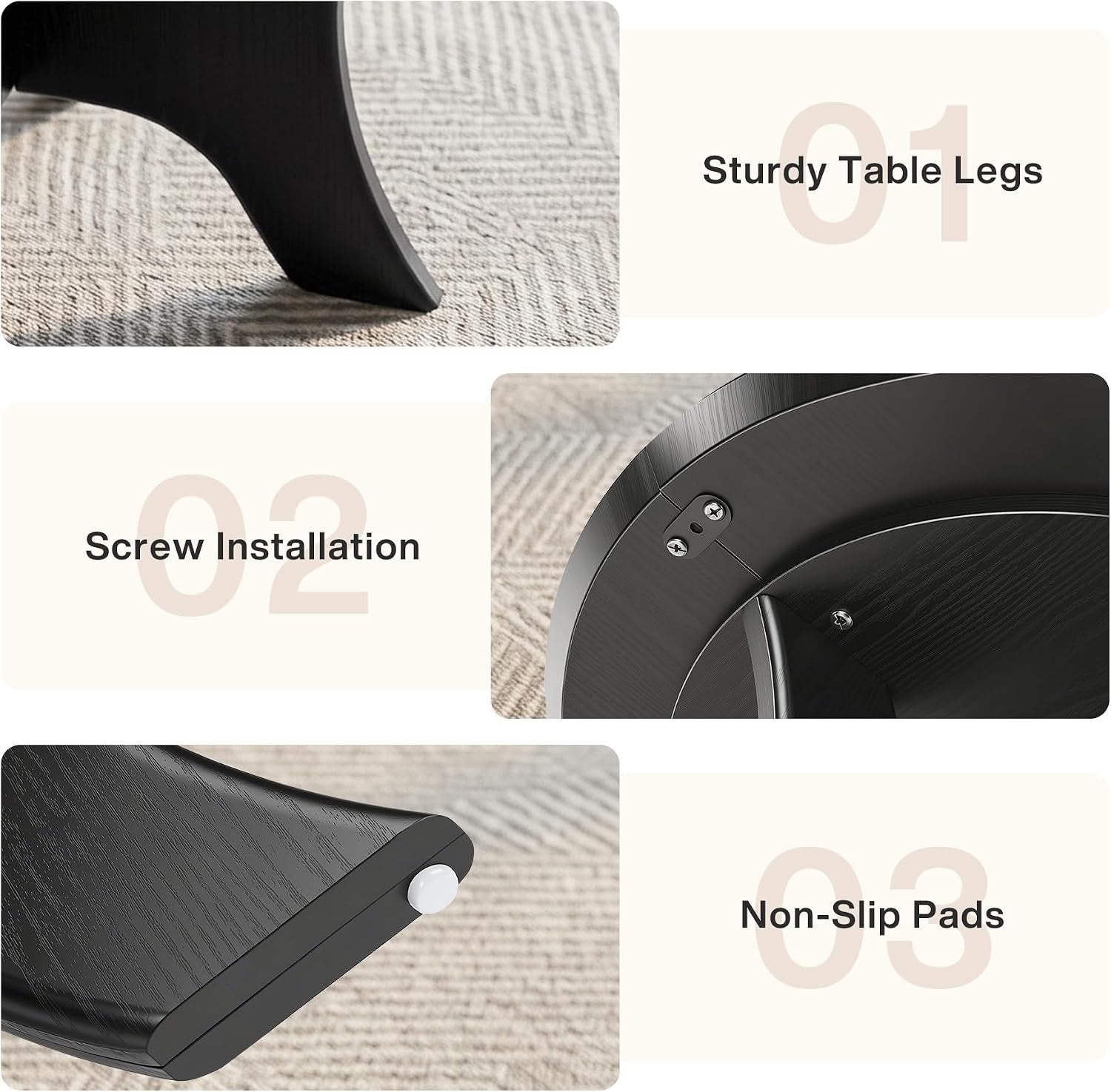 Mesa de centro redonda de 80 cm, Mesa auxiliar de diseño moderno de mediados de siglo para sala de estar, tablero con acabado de vetas de madera y estable, color negro