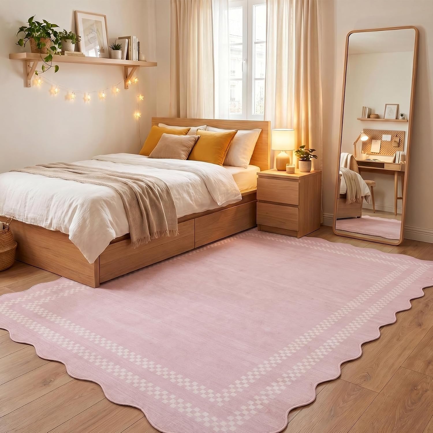 Tribesigns Alfombra de juegos para habitación de niña, pelo corto, estampado moderno de ondas, certificación Oeko-Tex, rosa y gris