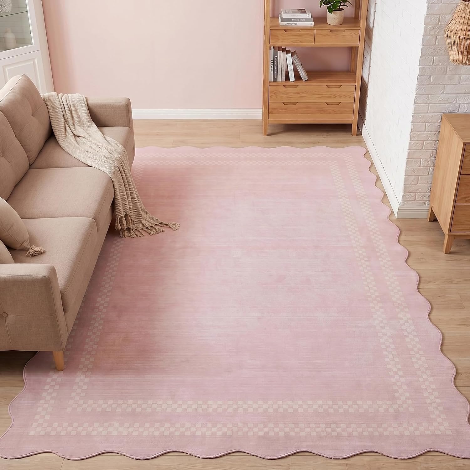 Tribesigns Alfombra de juegos para habitación de niña, pelo corto, estampado moderno de ondas, certificación Oeko-Tex, rosa y gris