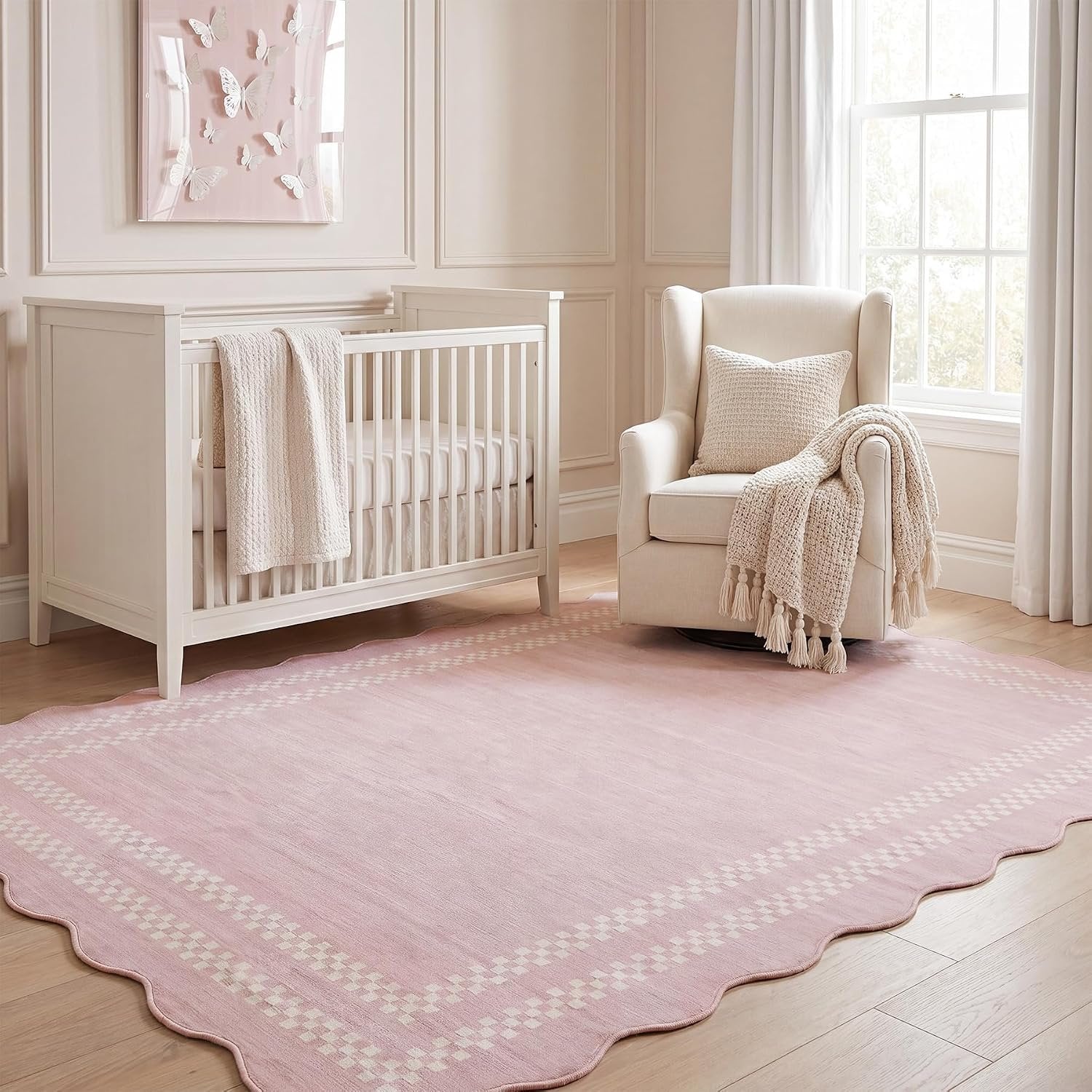 Tribesigns Alfombra de juegos para habitación de niña, pelo corto, estampado moderno de ondas, certificación Oeko-Tex, rosa y gris