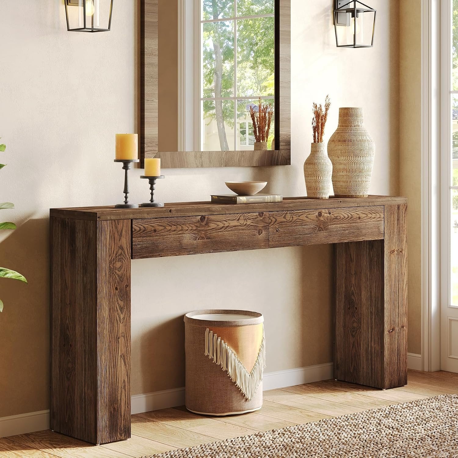 Tribesigns Consola de madera maciza con cajones, Mesa de recibidor de 160 cm, consola estrecha