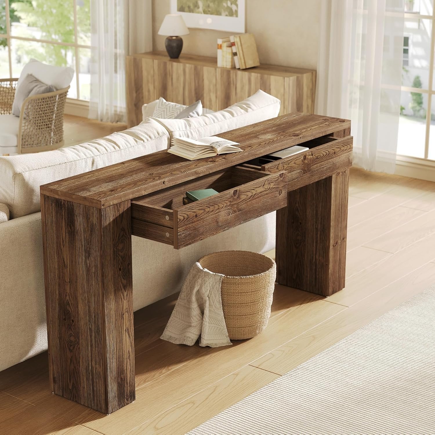 Tribesigns Consola de madera maciza con cajones, Mesa de recibidor de 160 cm, consola estrecha
