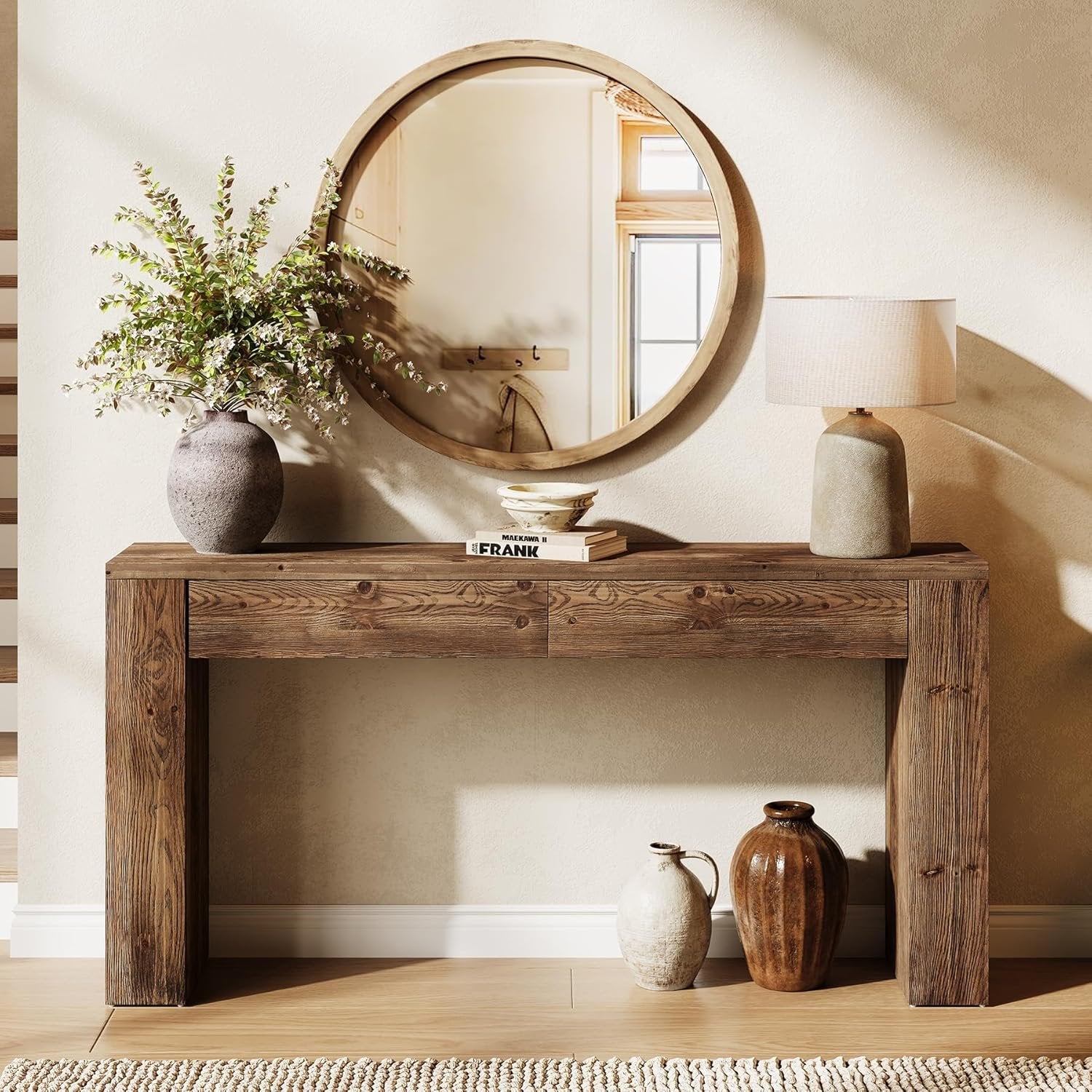 Tribesigns Consola de madera maciza con cajones, Mesa de recibidor de 160 cm, consola estrecha