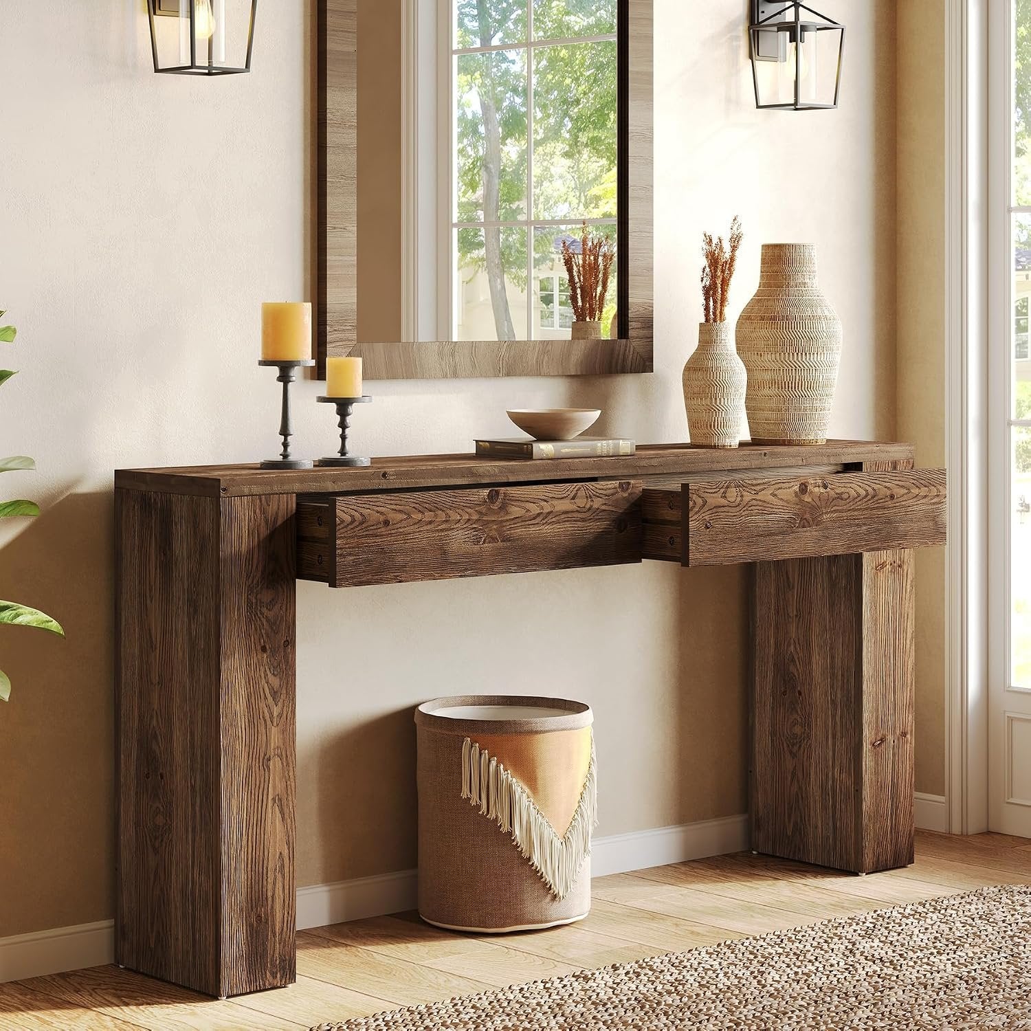 Tribesigns Consola de madera maciza con cajones, Mesa de recibidor de 160 cm, consola estrecha