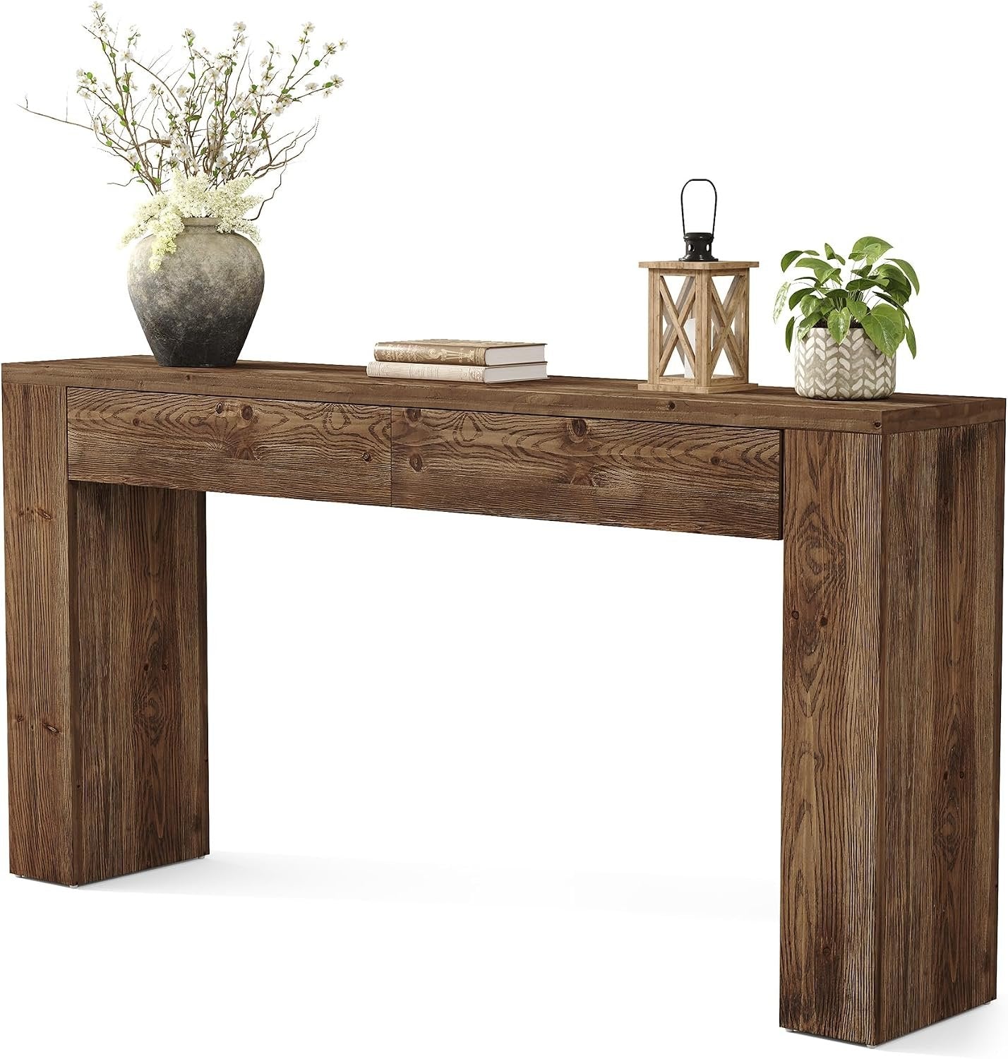 Tribesigns Consola de madera maciza con cajones, Mesa de recibidor de 160 cm, consola estrecha