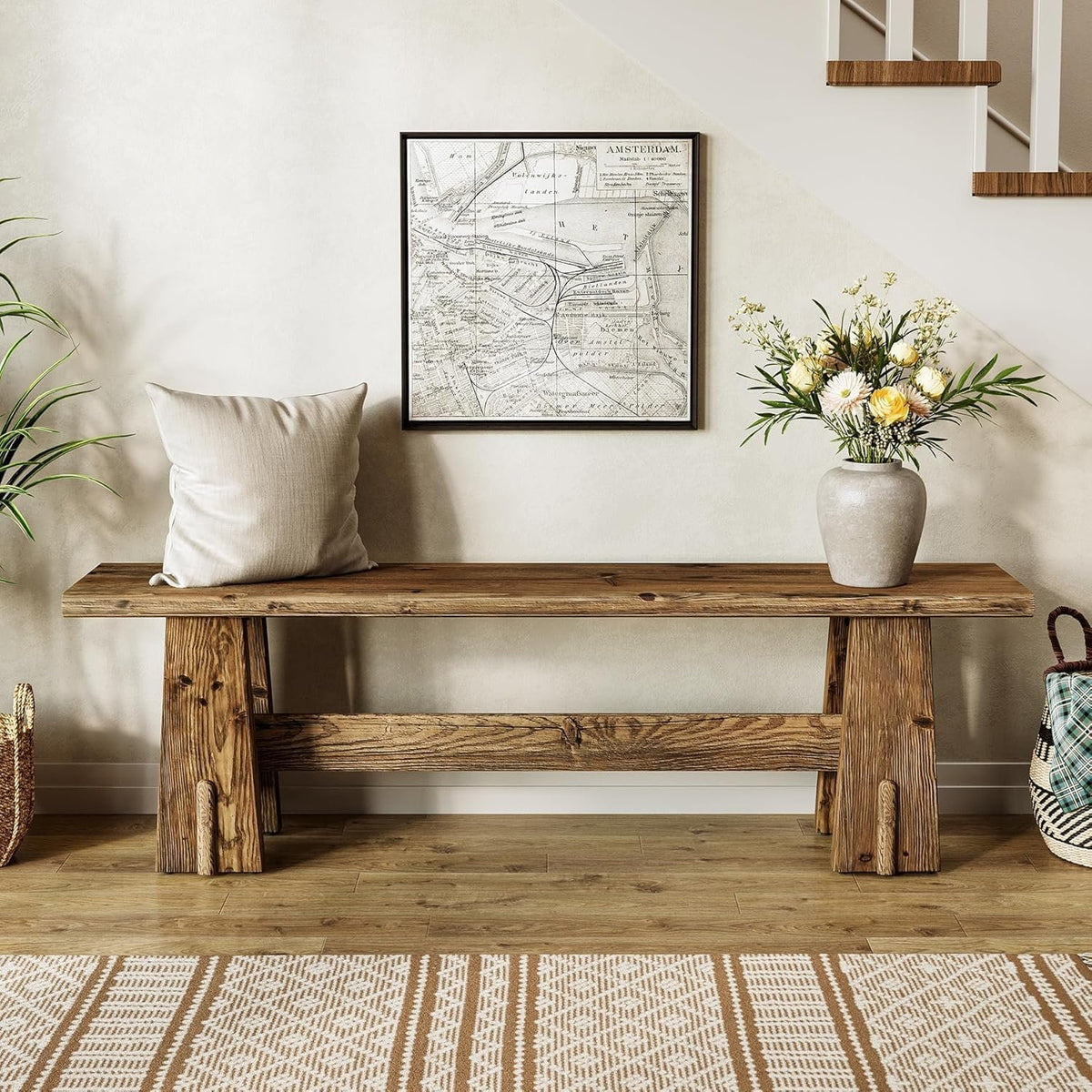 Banco de cama de madera maciza de 150 cm, Banco para zapatos con estante Banco estrecho para pasillo o zona de entrada