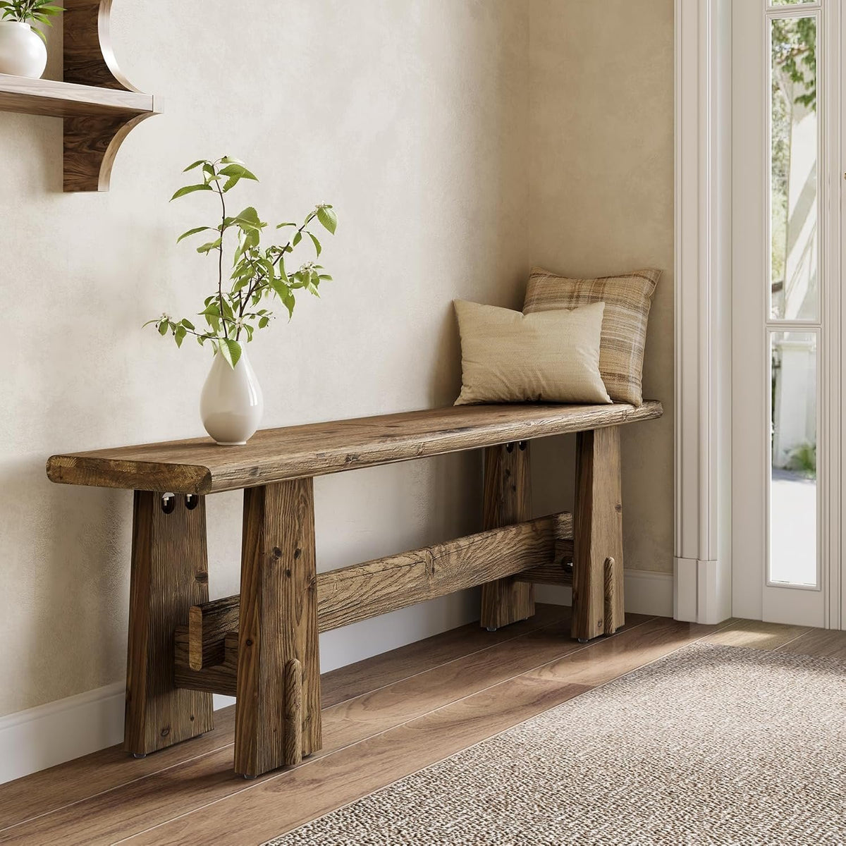 Banco de cama de madera maciza de 150 cm, Banco para zapatos con estante Banco estrecho para pasillo o zona de entrada