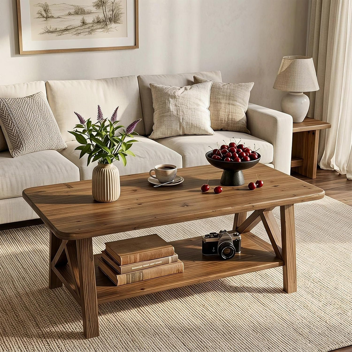 Tribesigns Mesa de centro de madera maciza estilo granja, Mesa rectangular de 120 cm con estante para sala de estar, apartamento u hogar