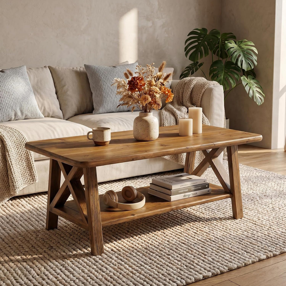 Tribesigns Mesa de centro de madera maciza estilo granja, Mesa rectangular de 120 cm con estante para sala de estar, apartamento u hogar