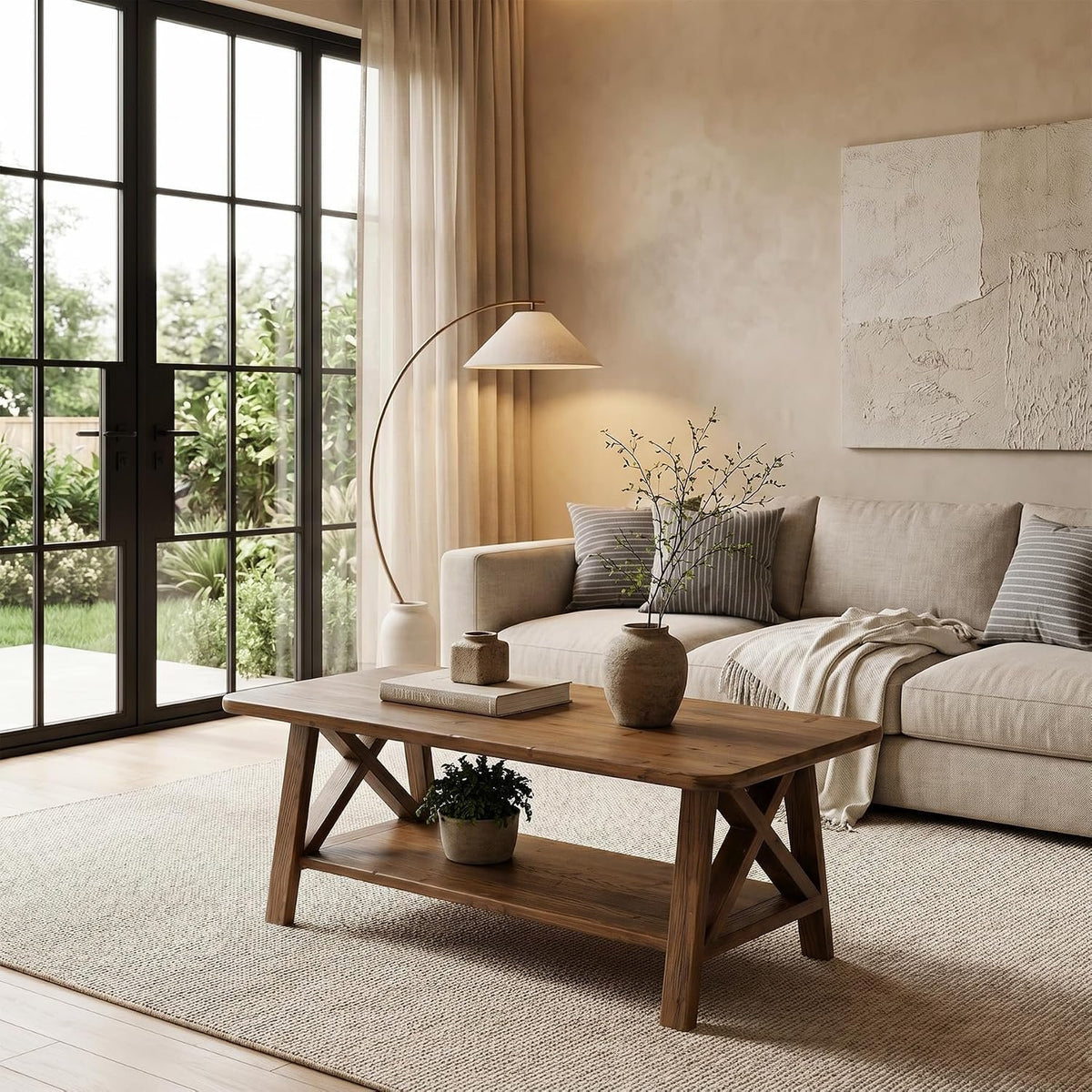 Tribesigns Mesa de centro de madera maciza estilo granja, Mesa rectangular de 120 cm con estante para sala de estar, apartamento u hogar