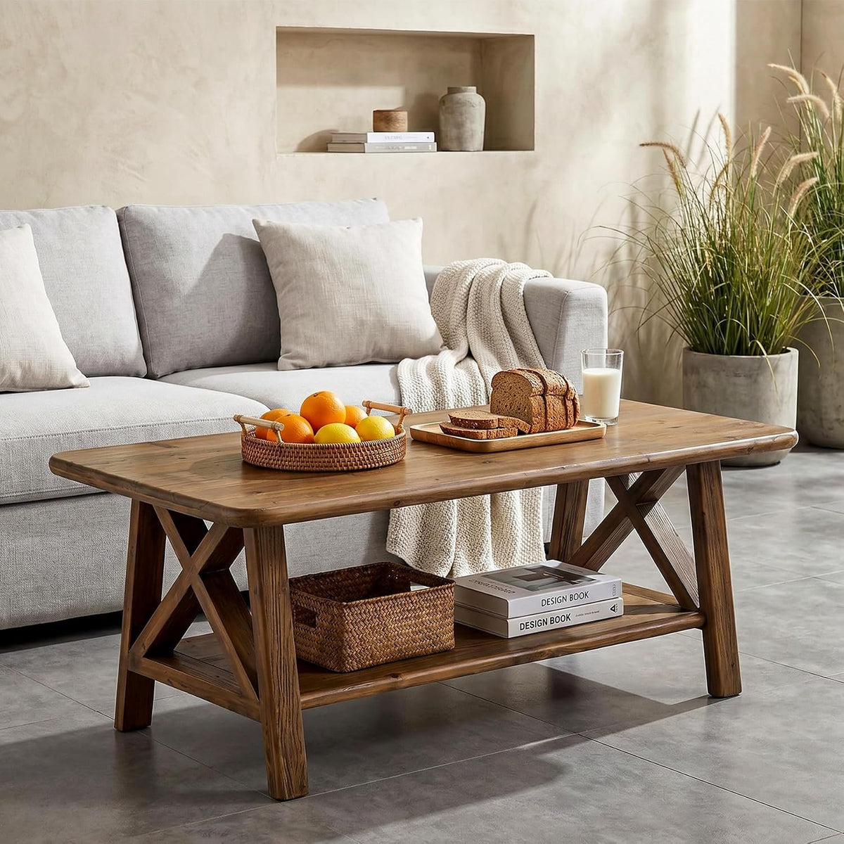 Tribesigns Mesa de centro de madera maciza estilo granja, Mesa rectangular de 120 cm con estante para sala de estar, apartamento u hogar
