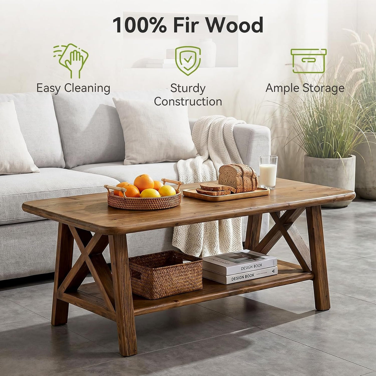Tribesigns Mesa de centro de madera maciza estilo granja, Mesa rectangular de 120 cm con estante para sala de estar, apartamento u hogar