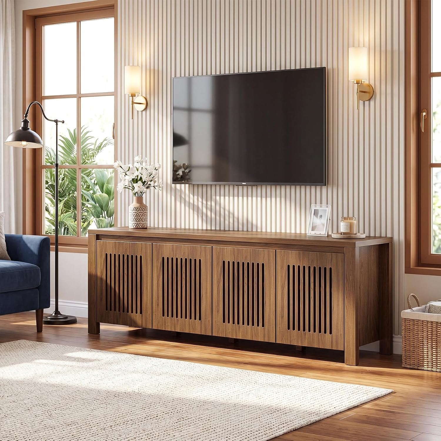 Tribesigns Mueble para TV 140 x 35 x 51 cm, Mueble bajo independiente con 8 compartimentos de almacenamiento