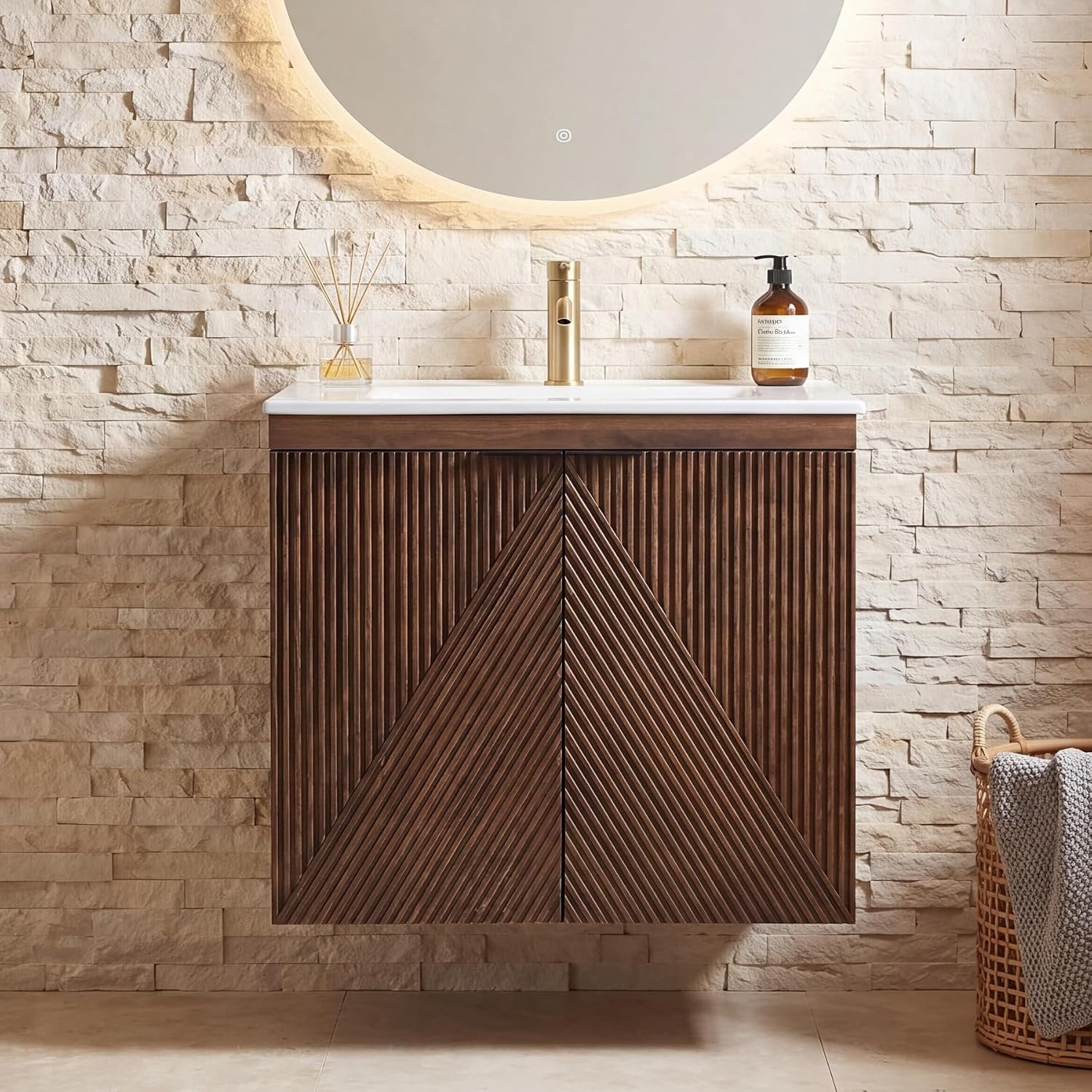Tribesigns Mueble de baño de 60 cm con mueble bajo, Mueble de baño suspendido con lavabo de cerámica
