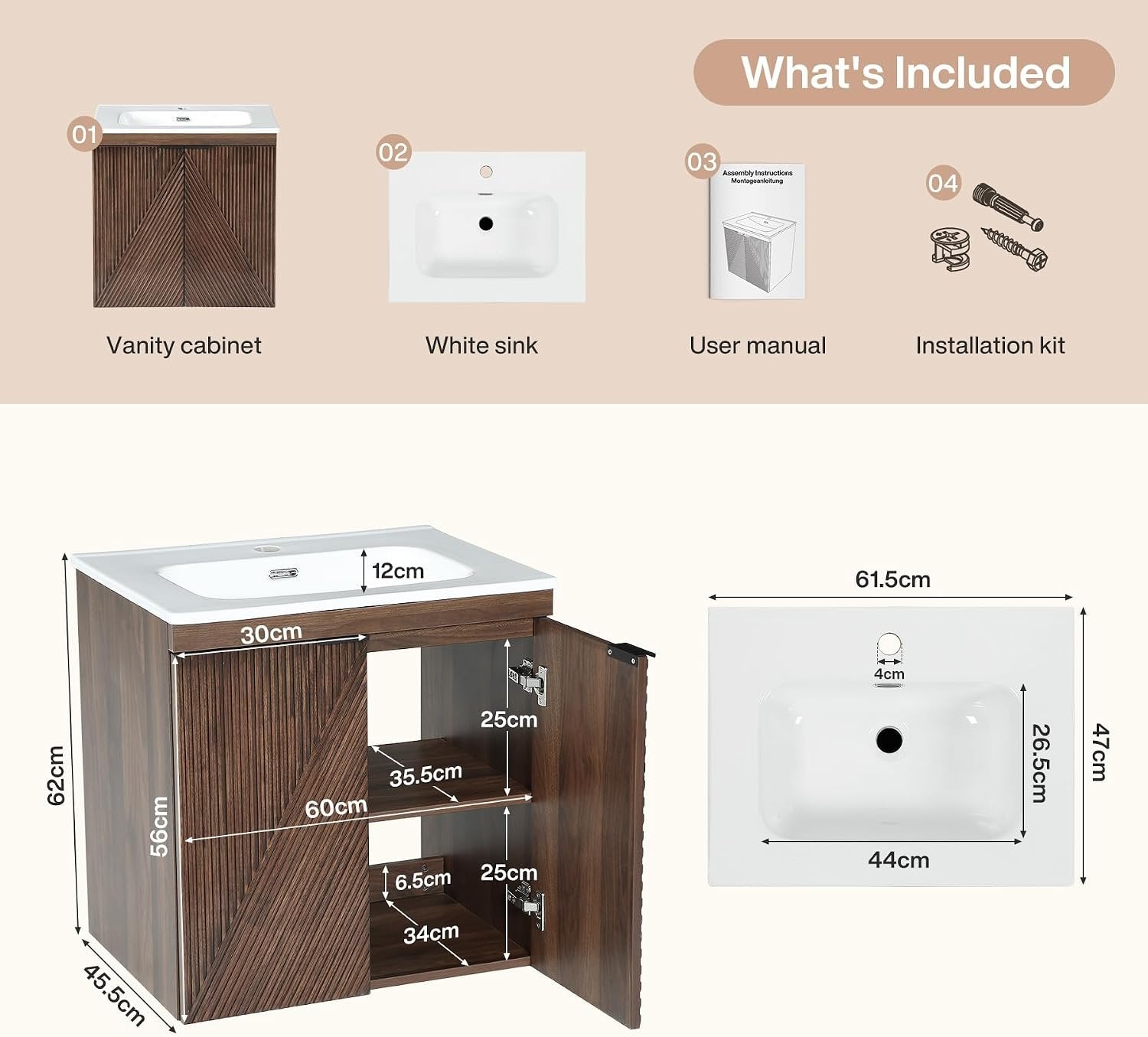 Tribesigns Mueble de baño de 60 cm con mueble bajo, Mueble de baño suspendido con lavabo de cerámica