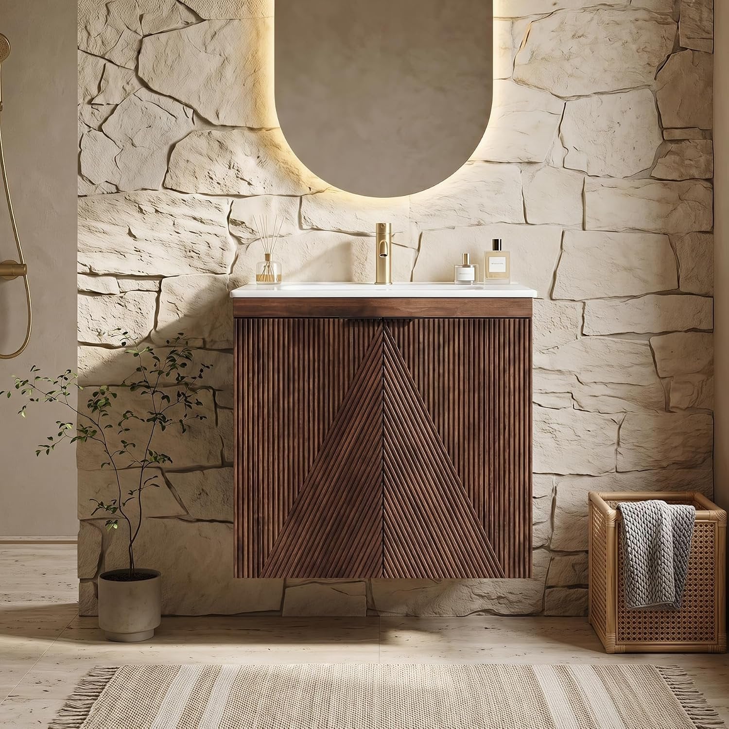 Tribesigns Mueble de baño de 60 cm con mueble bajo, Mueble de baño suspendido con lavabo de cerámica