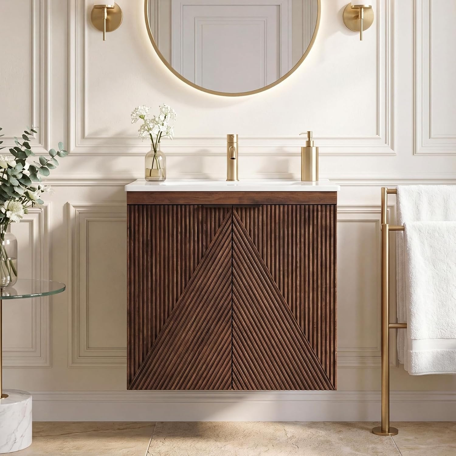 Tribesigns Mueble de baño de 60 cm con mueble bajo, Mueble de baño suspendido con lavabo de cerámica