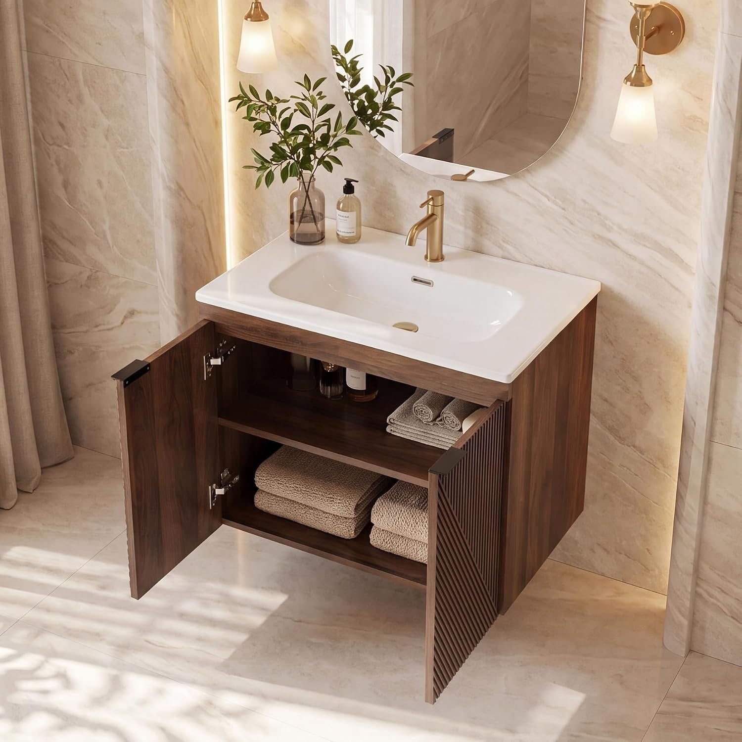 Tribesigns Mueble de baño de 60 cm con mueble bajo, Mueble de baño suspendido con lavabo de cerámica