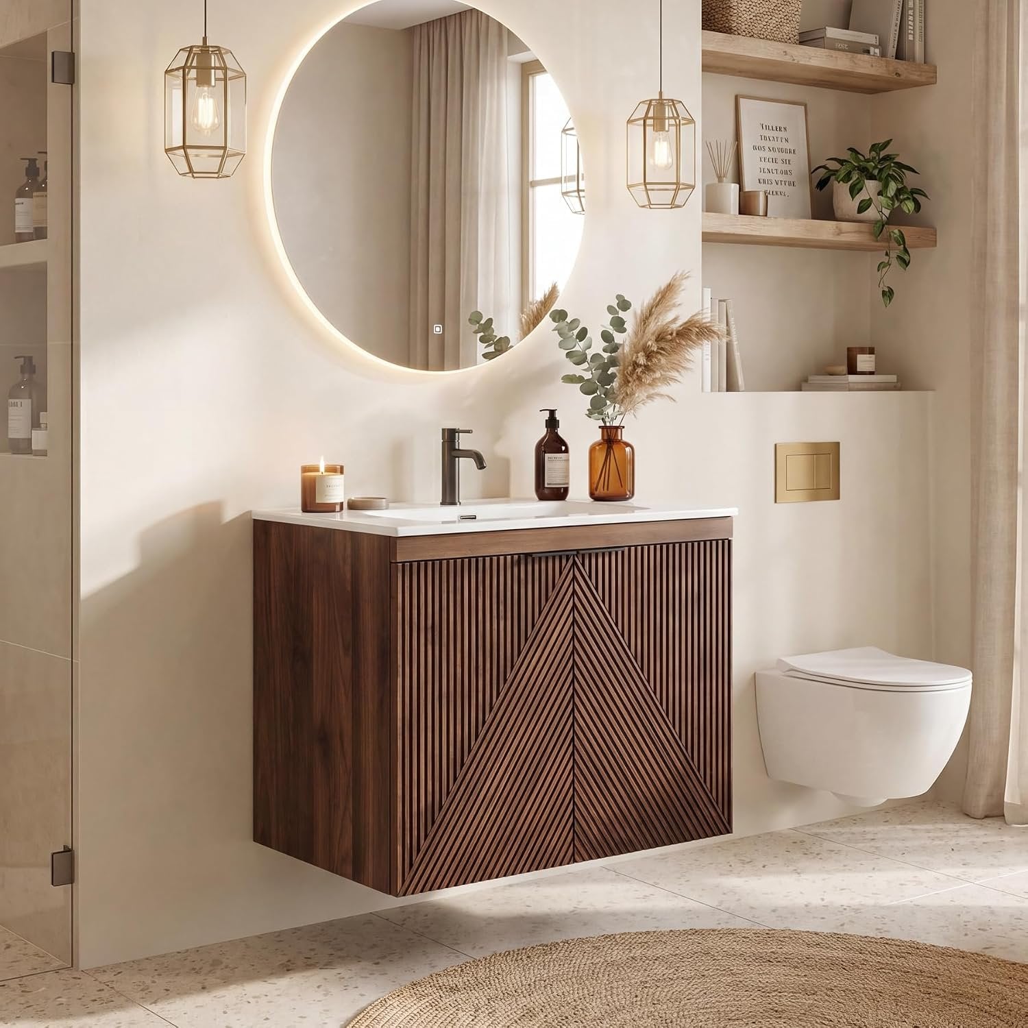 Tribesigns Mueble de baño de 60 cm con mueble bajo, Mueble de baño suspendido con lavabo de cerámica