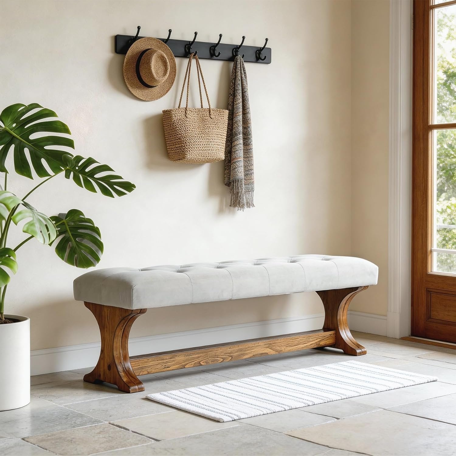 Banco tapizado de 140 cm de madera maciza, Estilo rústico ideal para recibidor, salón o pasillo