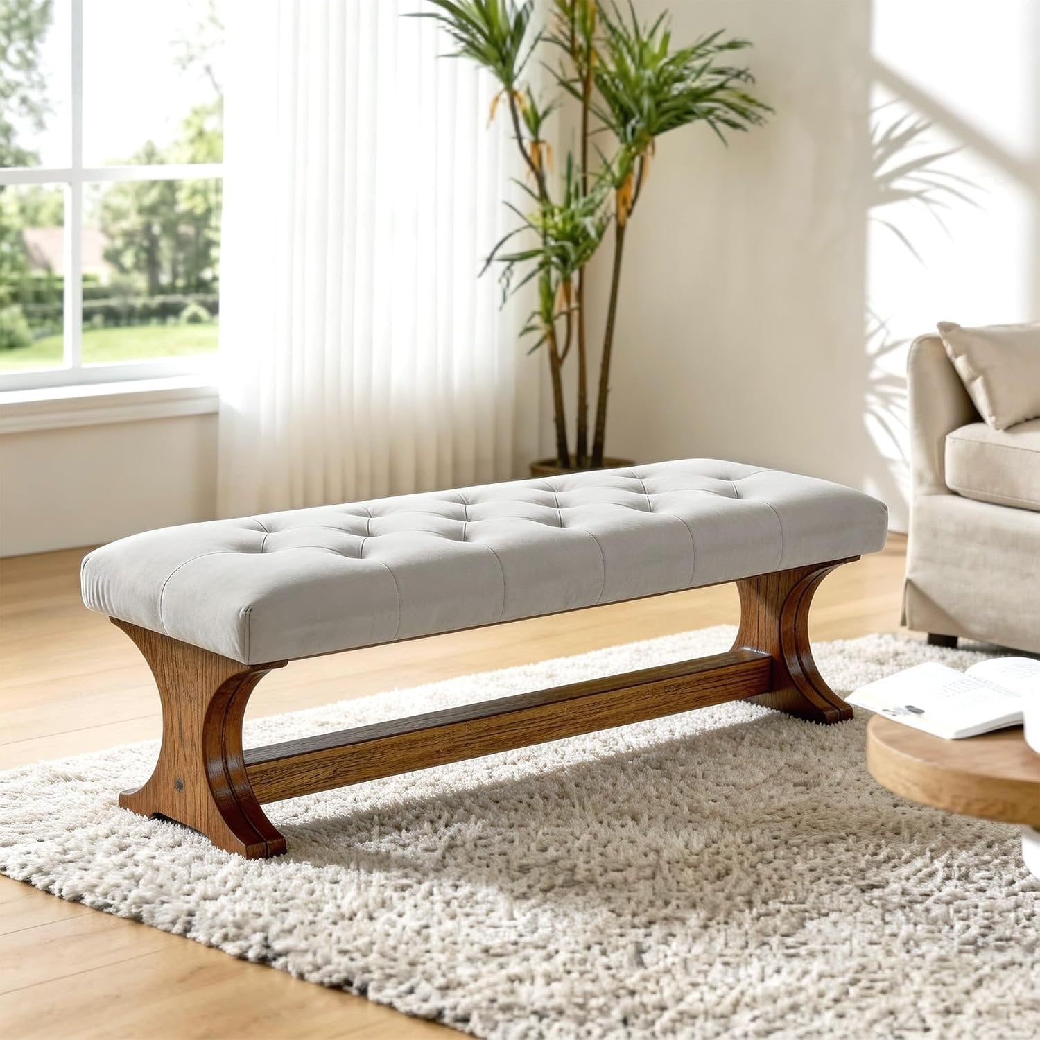 Banco tapizado de 140 cm de madera maciza, Estilo rústico ideal para recibidor, salón o pasillo
