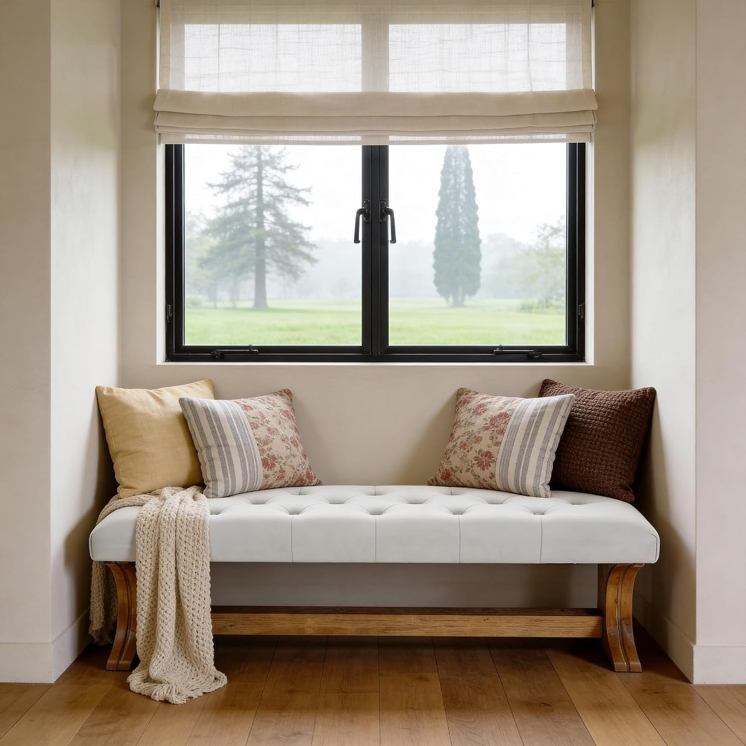 Banco tapizado de 140 cm de madera maciza, Estilo rústico ideal para recibidor, salón o pasillo