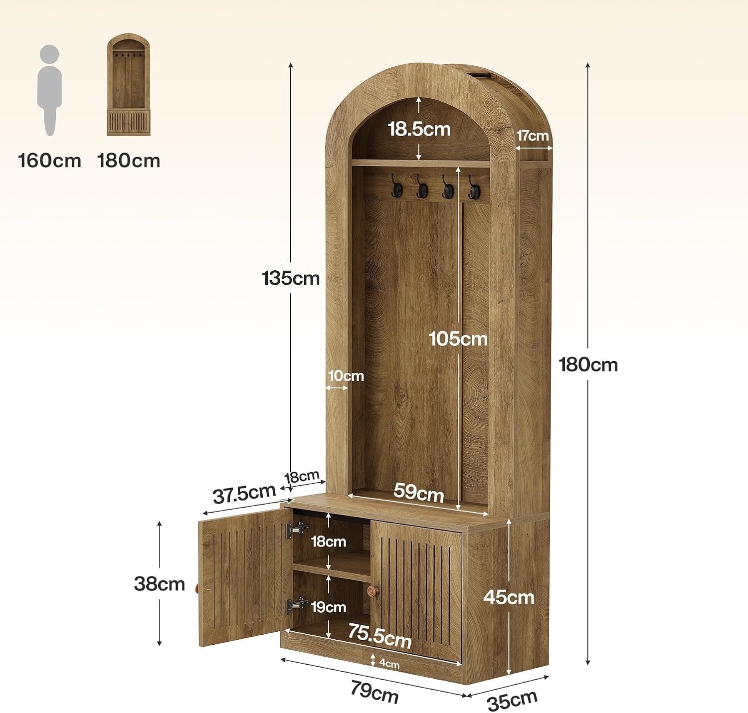 Tribesigns Armario con banco y zapatero, Mueble de recibidor 4 en 1 con ganchos, banco, zapatero y estante, 180 cm de alto, marrón rústico, fácil montaje