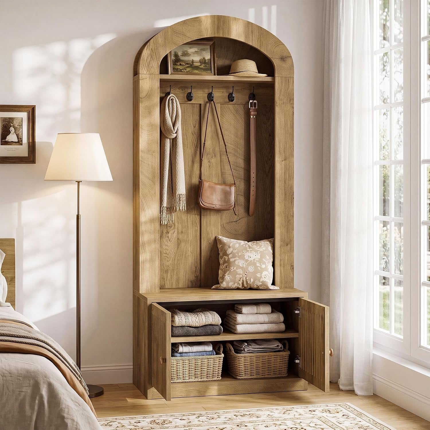 Tribesigns Armario con banco y zapatero, Mueble de recibidor 4 en 1 con ganchos, banco, zapatero y estante, 180 cm de alto, marrón rústico, fácil montaje