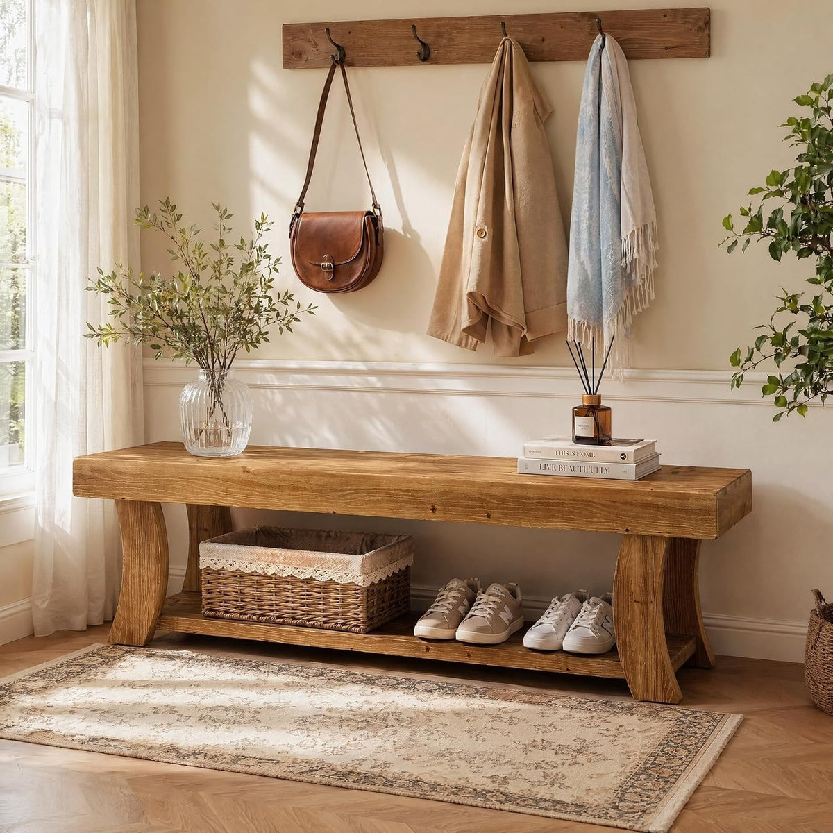 Tribesigns Banco zapatero de 160 cm de madera maciza, Banco para recibidor con estante de estilo rústico