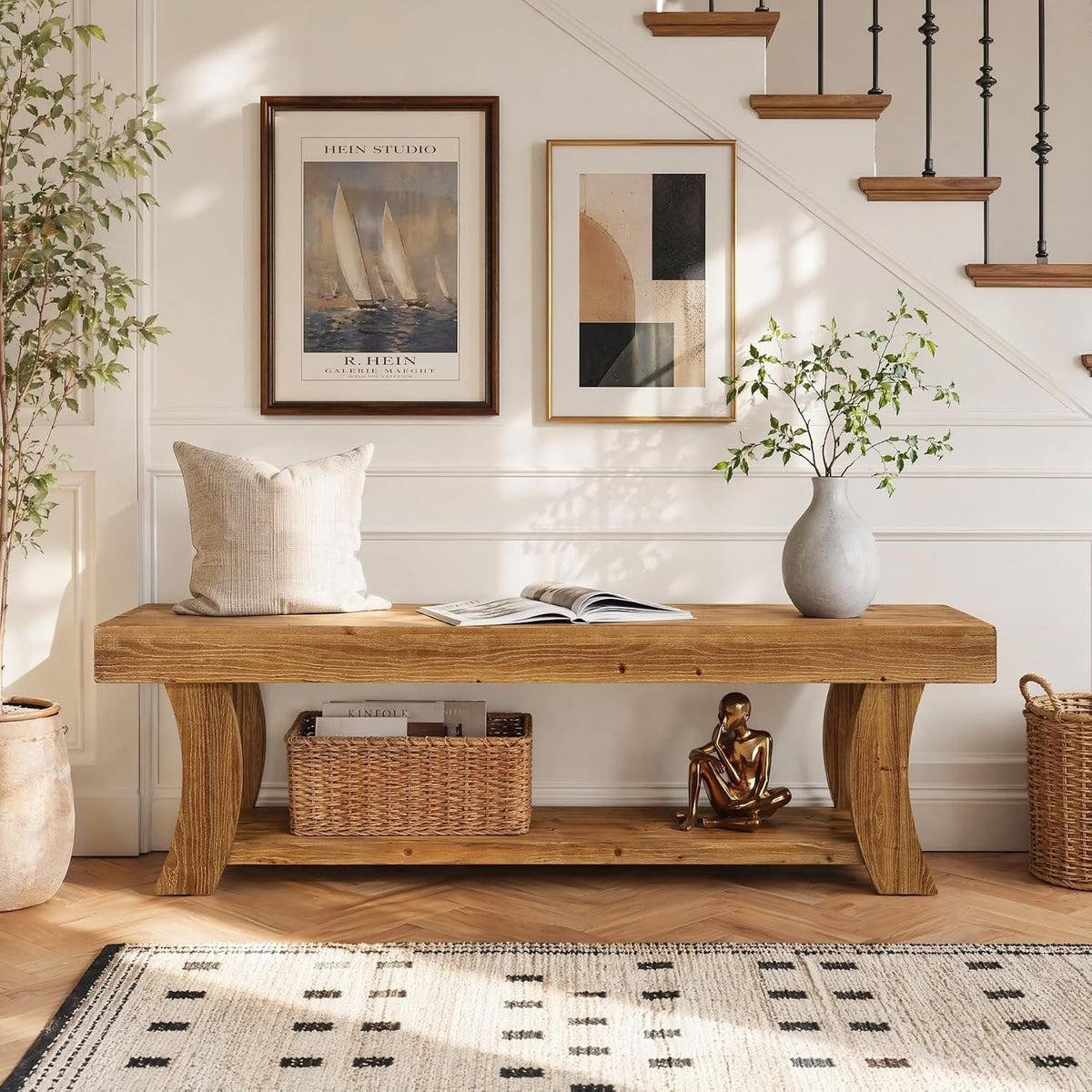 Tribesigns Banco zapatero de 160 cm de madera maciza, Banco para recibidor con estante de estilo rústico